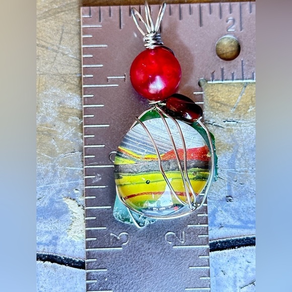 Art Glass Pendant Hand Painted Cabochon, Beaded, Wire Wrapped Handmade  4226 Y - Picture 7 of 11